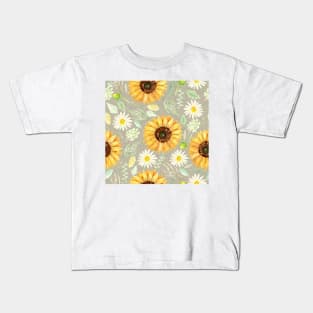 Sunflowers and Daisies | Watercolor | Art | Pattern | Grey Texture Kids T-Shirt